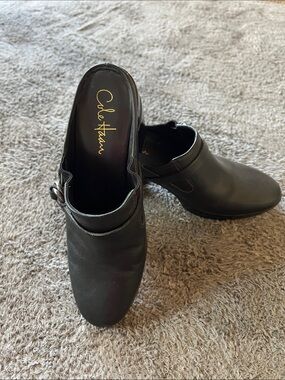 Cole Haan Black Leather Slip-On Mule Clogs with Buckle Detail